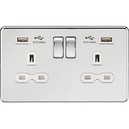 Picture of 13A 2 Gang Switched Socket with Dual USB Charger (2.4A) - Polished Chrome with White Insert