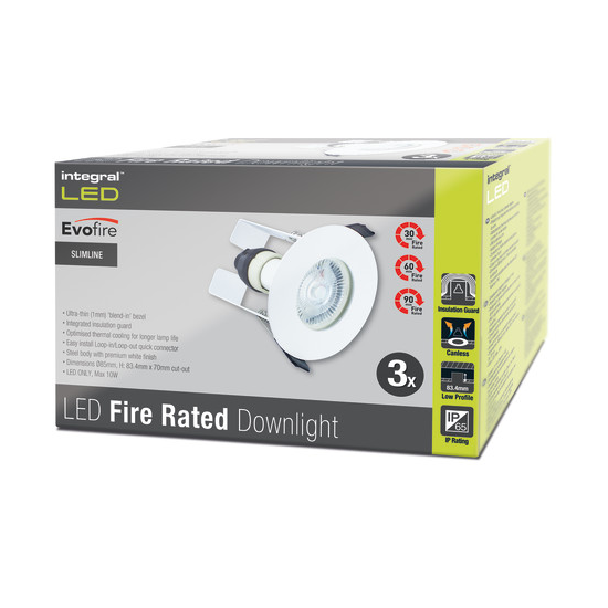 Picture of Evofire Fire Rated Downlight 70mm Cutout IP65 White Round + GU10 Holder & Insulation Guard - Pack of 3