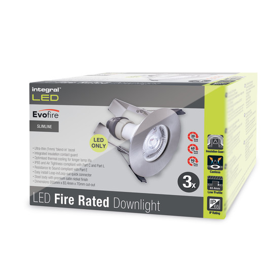 Picture of Evofire Fire Rated Downlight 70mm Cutout IP65 Satin Nickel Round + GU10 Holder & Insulation Guard - Pack of 3
