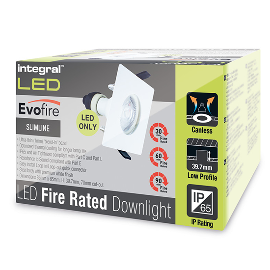 Picture of Evofire Fire Rated Downlight 70mm Cutout IP65 White Square + GU10 Holder