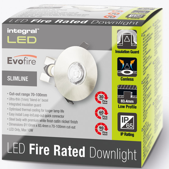 Picture of Evofire Fire Rated Downlight 70-100mm Cutout IP65 Satin Nickel Round + GU10 Holder & Insulation Guard