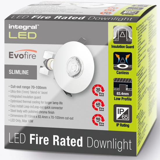 Picture of Evofire Fire Rated Downlight 70-100mm Cutout IP65 Polished Chrome Round + GU10 Holder & Insulation Guard
