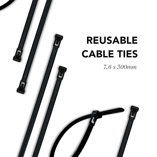 Picture of 7.6x300mm Black Reusable Releasable Cable Ties - Heavy Duty Nylon Cable Clip (Pack of 10) 