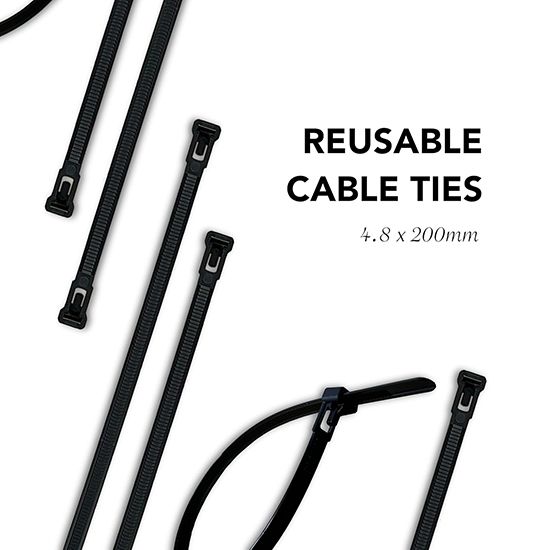 Picture of 4.8x200mm Black Reusable Releasable Cable Ties - Heavy Duty Nylon Cable Clip (Pack of 10)
